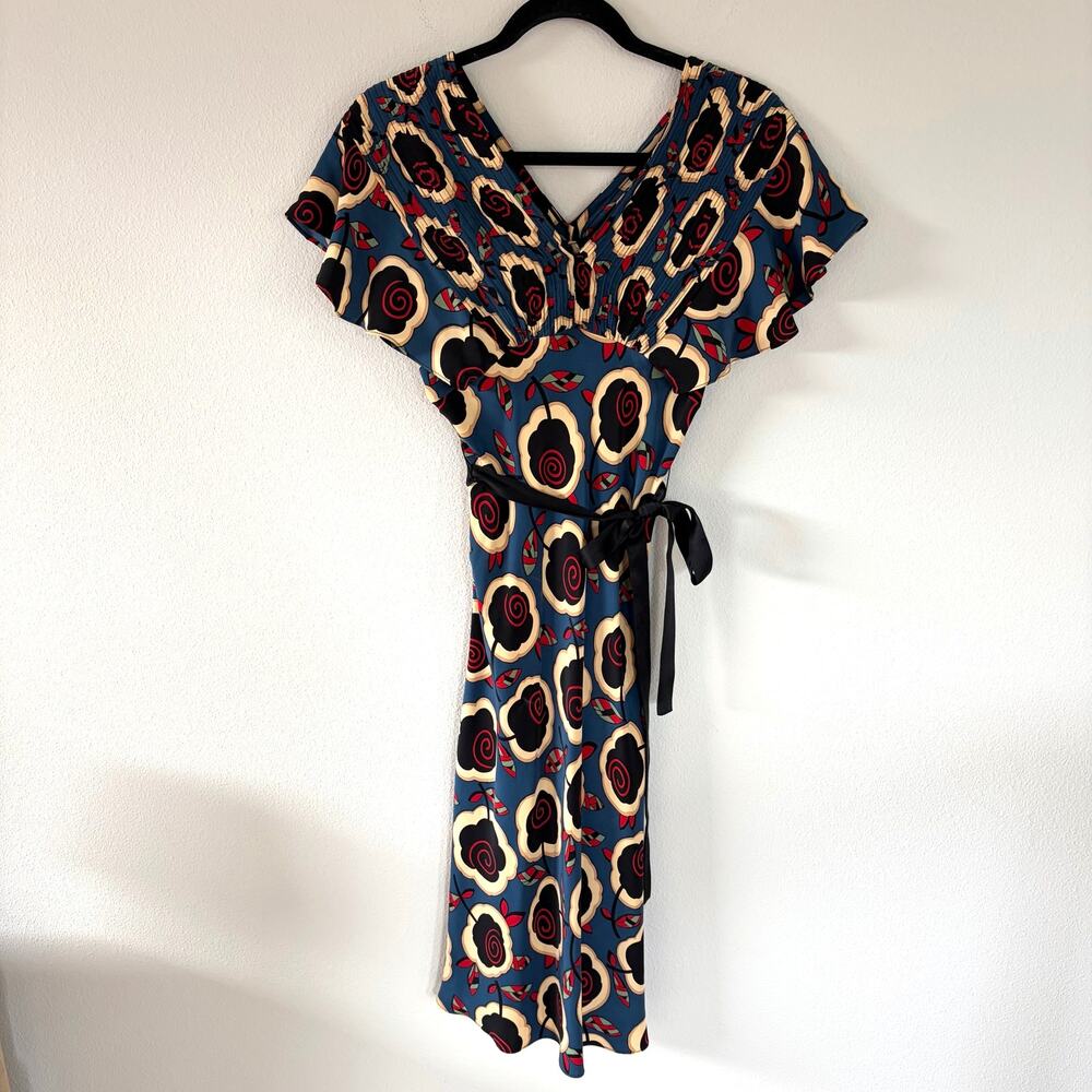 Betsey Johnson Vintage Silk Abstract Roses Flutter Sleeve Dress (2)